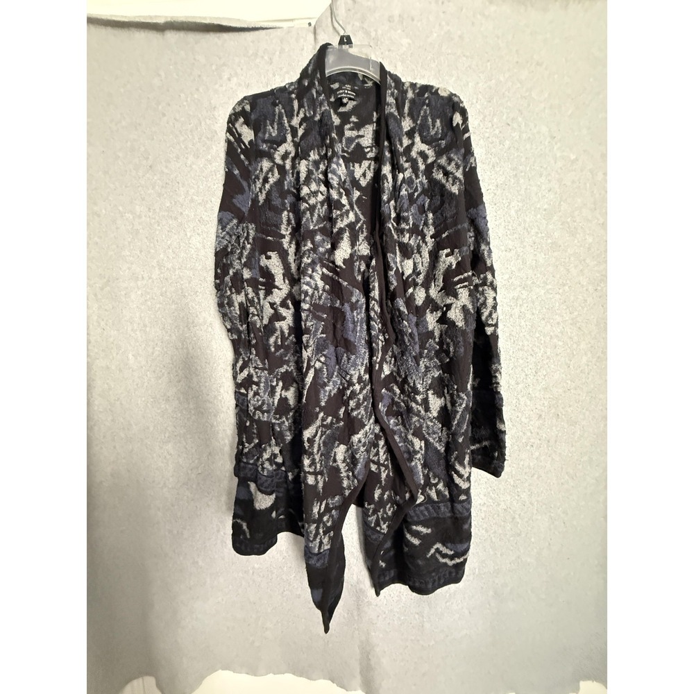 Lucky Brand Cardigan Sweater Womens Large Black Geometric‎ Open Front Knit Drape